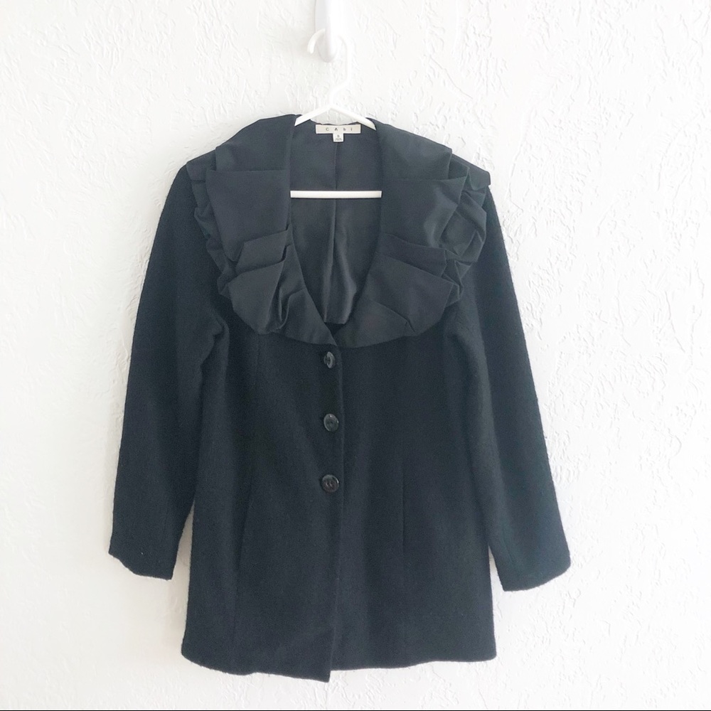 Cabi Button Front Ruffle Collar Black Wool Coat
